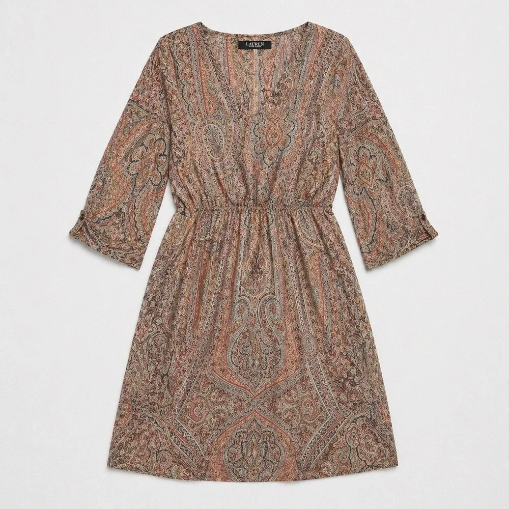 Zara Woman Medium Paisley Silk‎ Blend V-Neck Elastic Waist Boho Mini Dress M